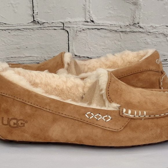 UGG 'ANSLEY' SHEARLING WOOL MOCCOSIAN SLIPPERS 'RICH CHESNUT' SUEDE - Picture 3 of 16